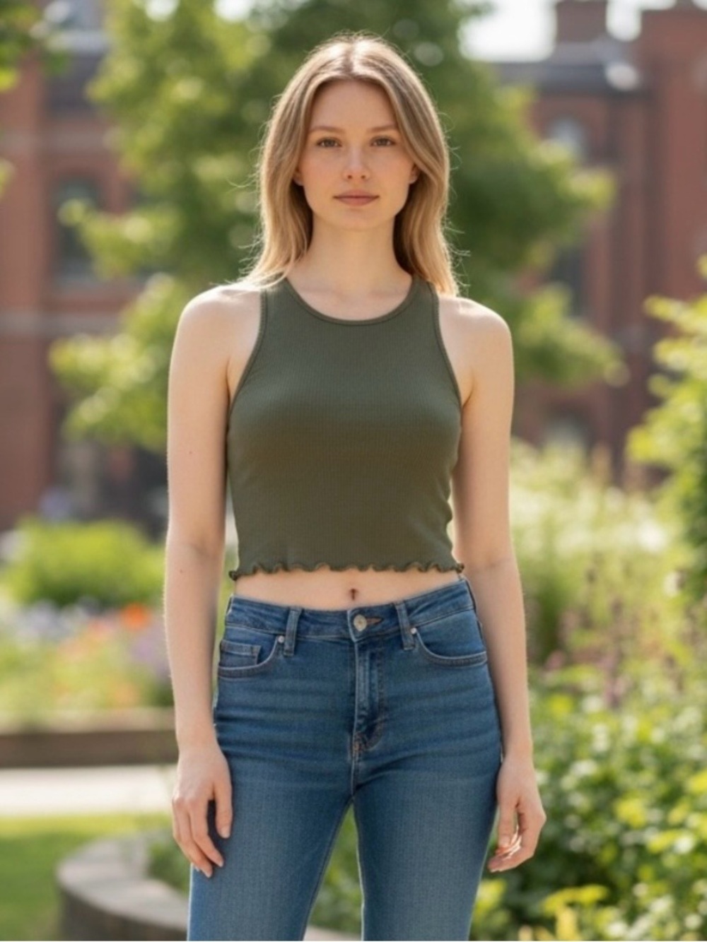American Eagle Soft & Sexy Ribbed Crop Tank Olive Lettuce Hem XS